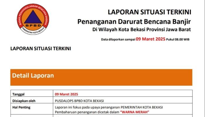 BPBD Kota Bekasi Laporkan Situasi Terkini Paska Hujan Lebat Sabtu Sore